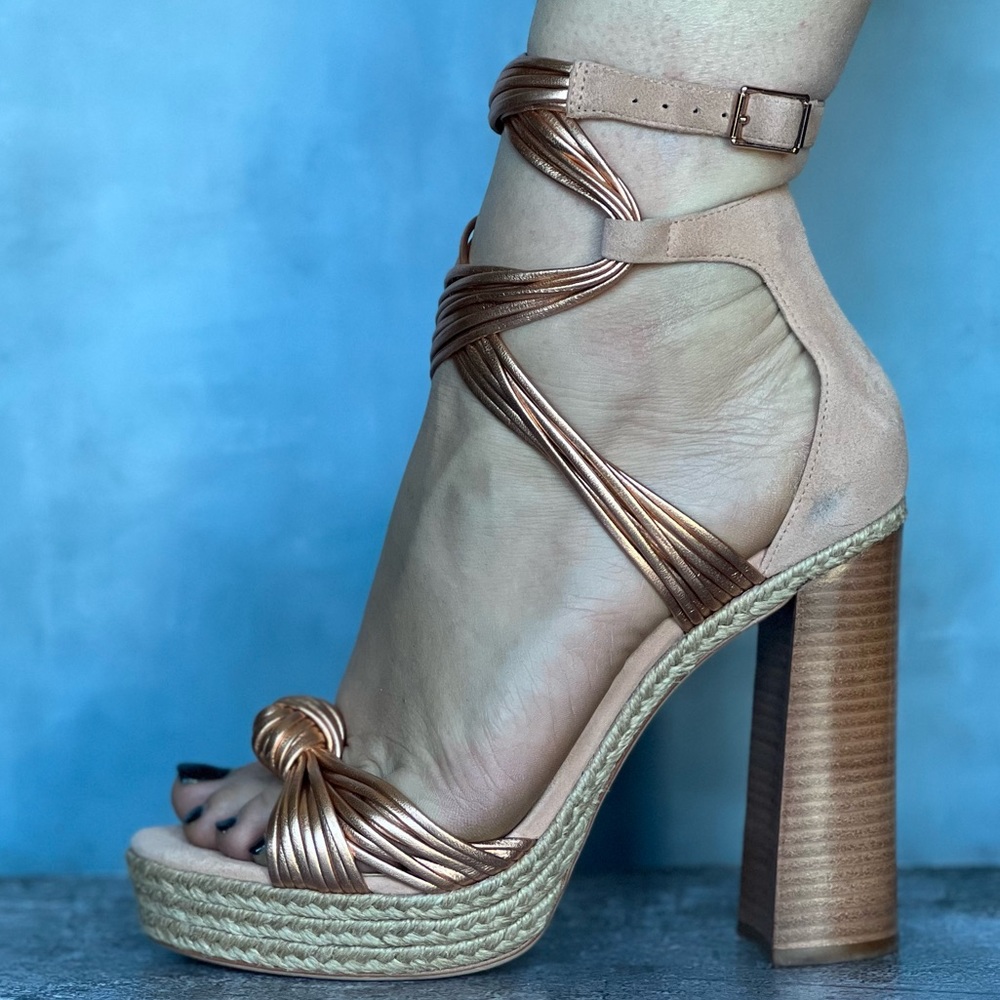 Ankle wrap leather sandals high heels espadrille style rose gold wood block heel